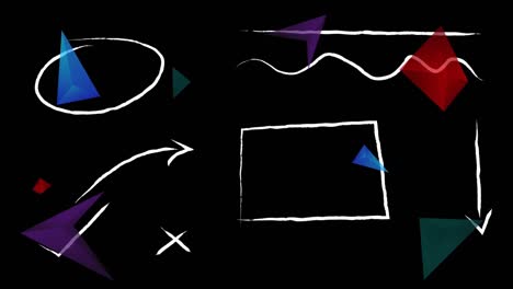 animación de la burbuja de habla con espacio de copia, formas multicolores e iconos dibujados a mano en negro