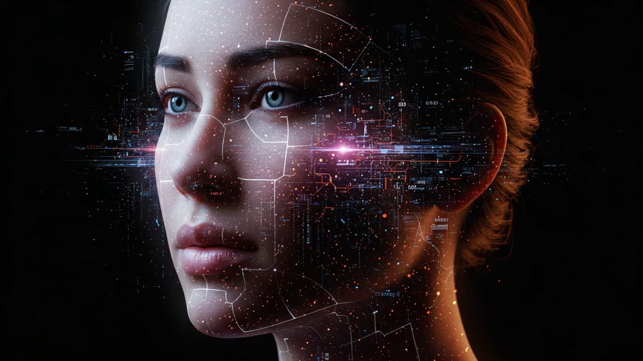 A Futuristic Representation of Cybernetic Integration: A Close-Up on a Woman's Face with High-Tech Digital Patterns Signifying Advanced AI and Human Interaction