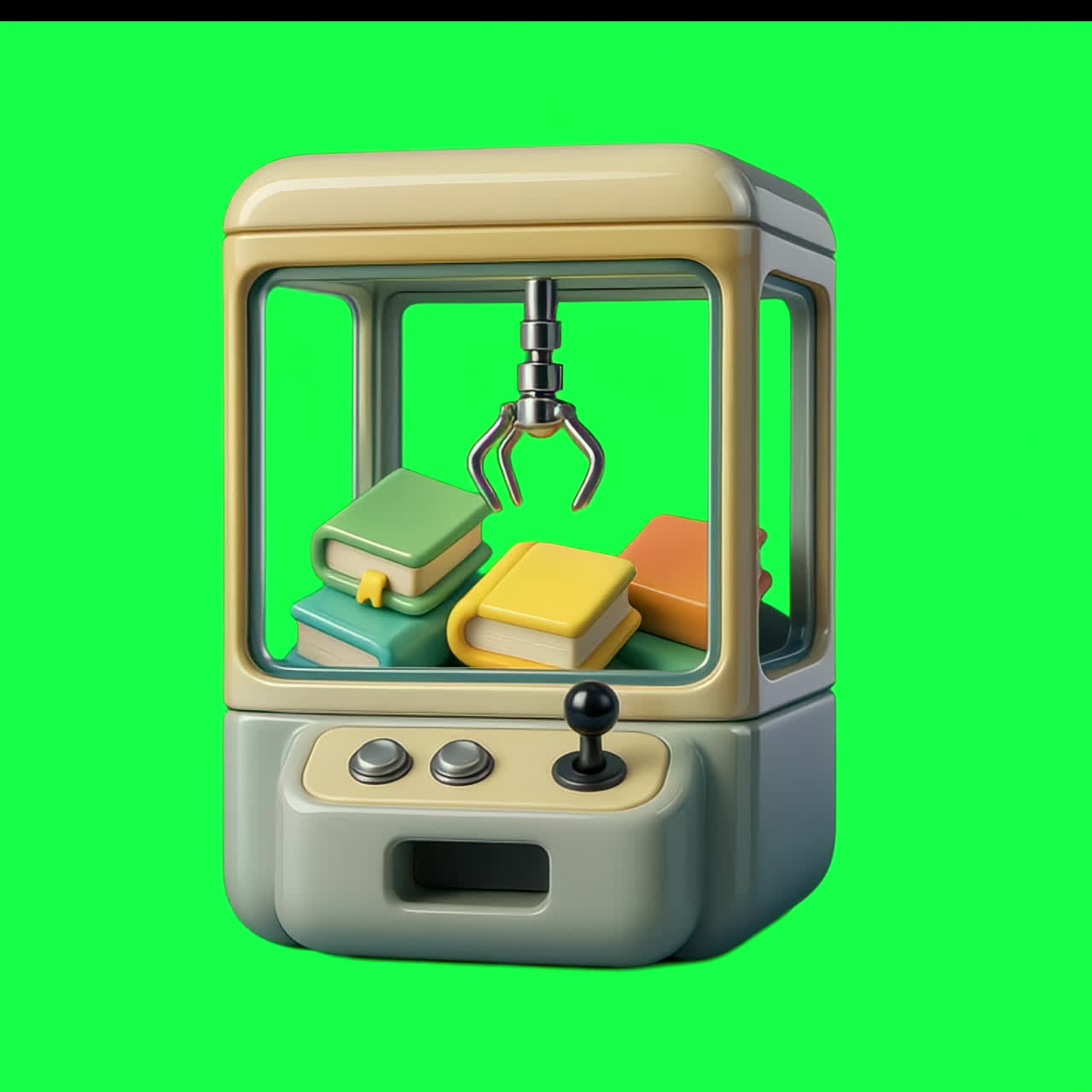 Books crane game machine animation isolated asset, transparent 4K video, alpha channel, ProRes 4444