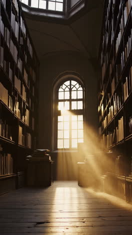 sunlight streaming through a grand library