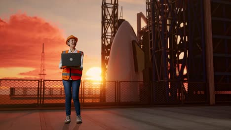 full body of asian female engineer with safety helmet working on a laptop and looking around while standing with space shuttle, sunset time