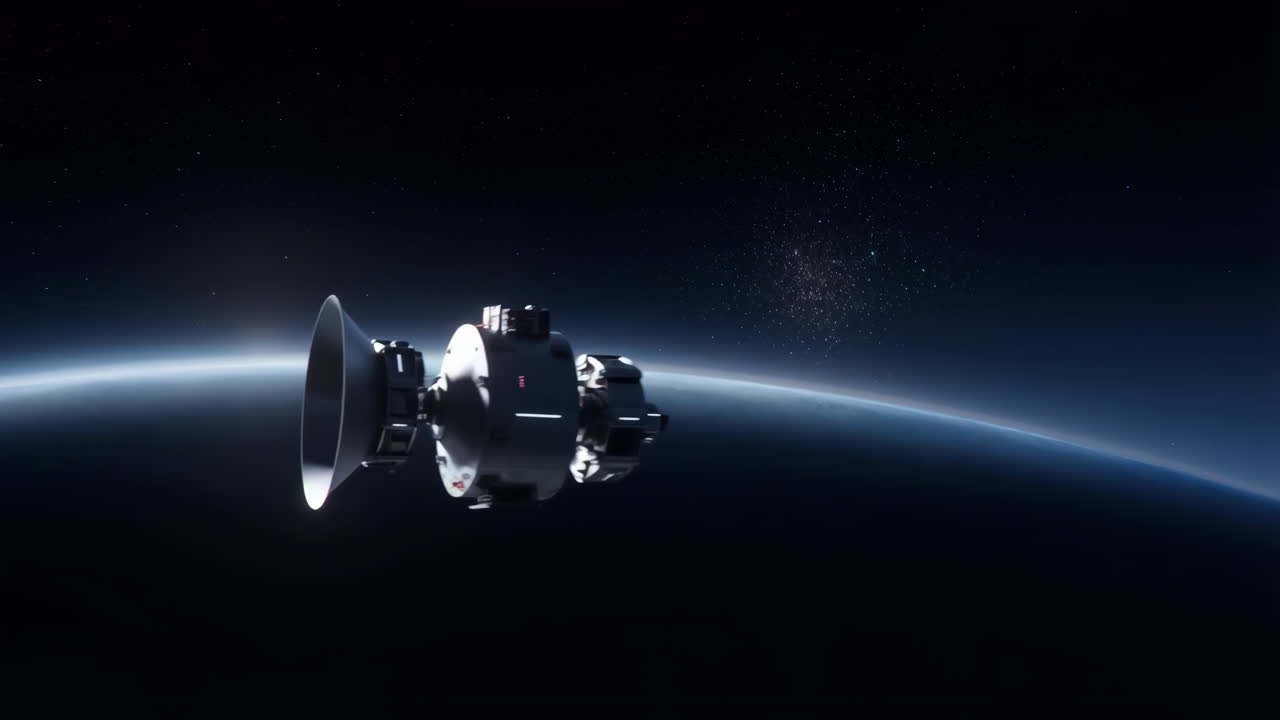 Spacecraft orbiting a distant planet with stars in the background