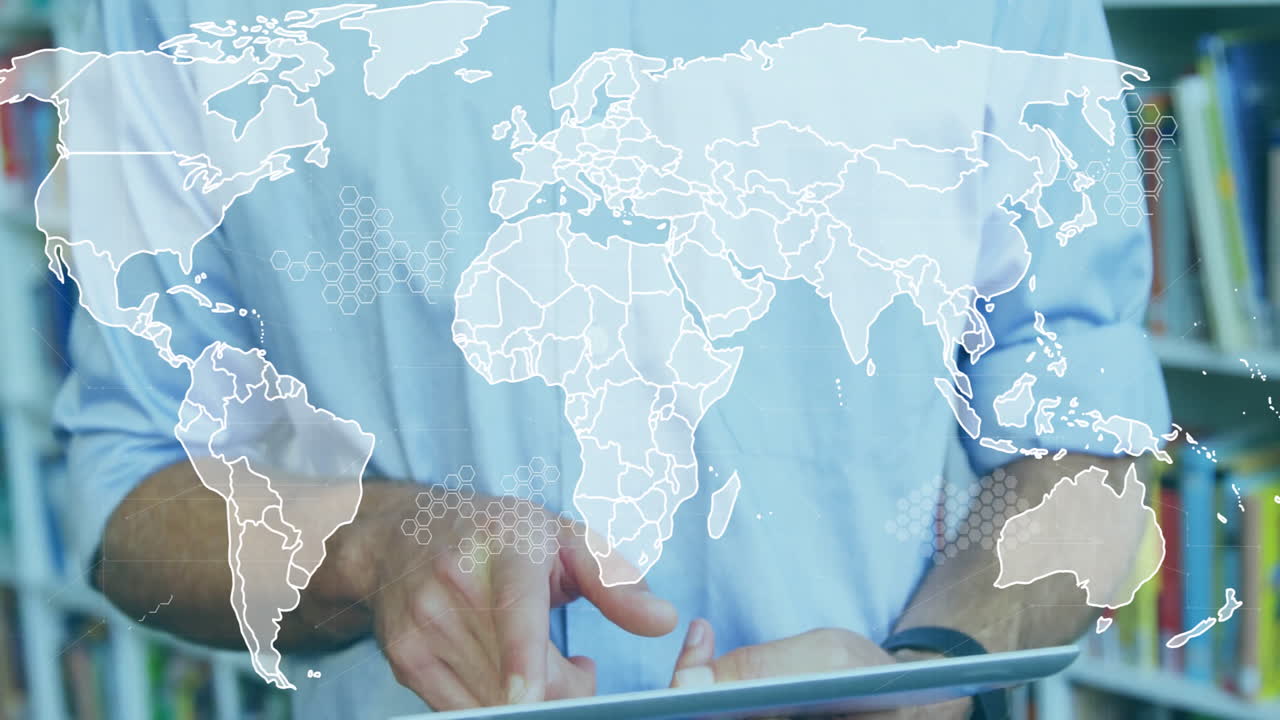 Using tablet with world map overlay, person exploring global connectivity animation