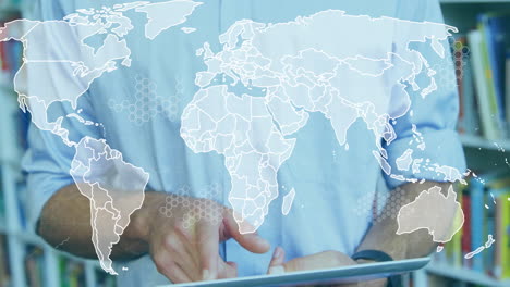 using tablet with world map overlay, person exploring global connectivity animation