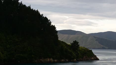 探索夏洛特女王海峡的峡湾, 新西兰在柔和的晚上阳光下