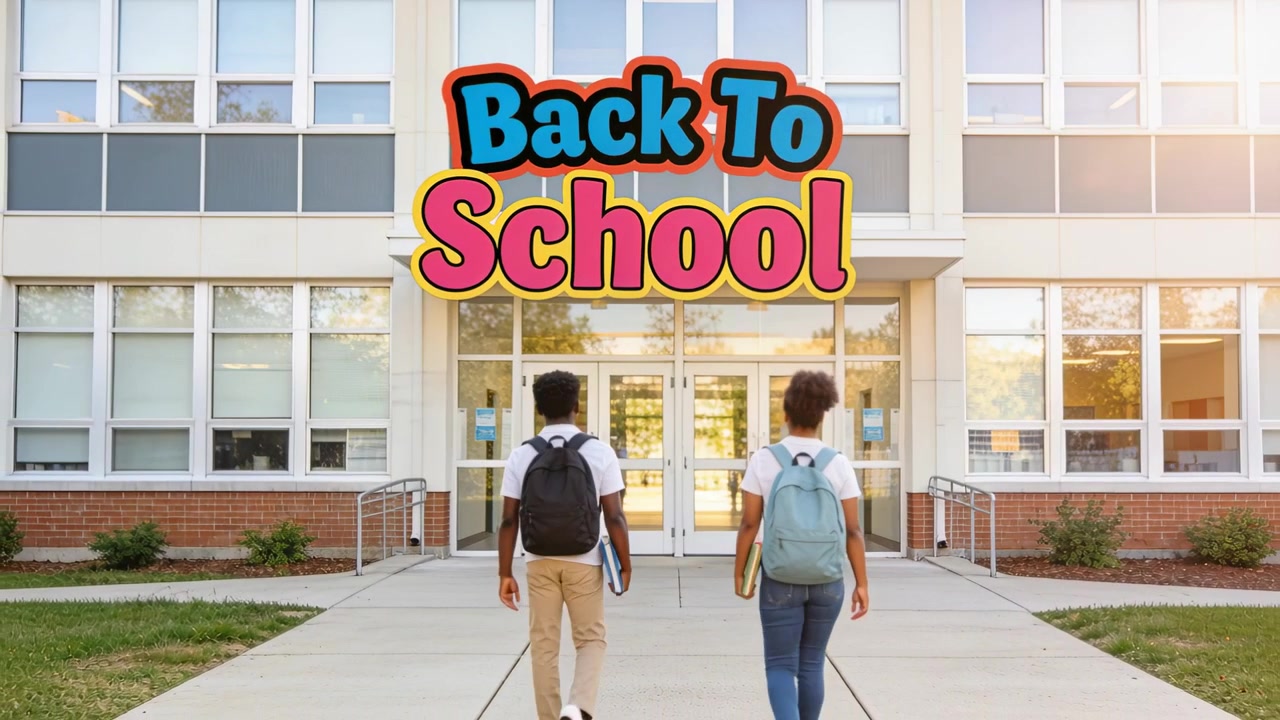 Walking students in white shirts with backpacks to school doors prompted by Back-to-School graphic