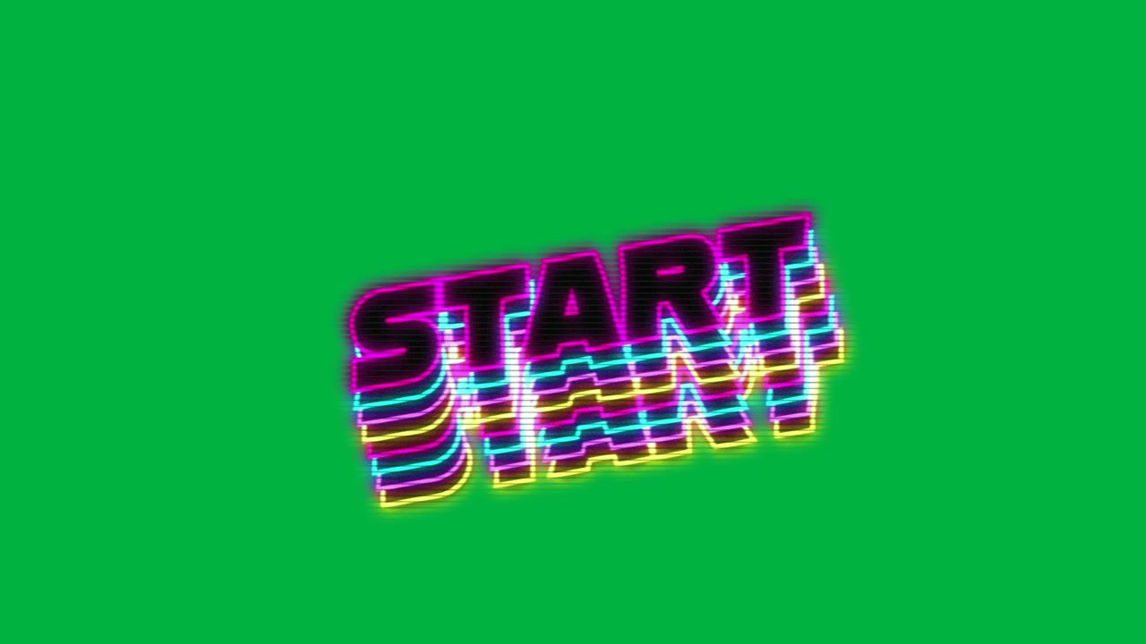 Stacked neon START collapsing rotating and moving over yellow band forming neon title and glitching
