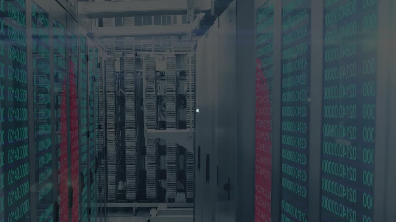Hub appearing and expanding into network overlay on server aisle showing network flow