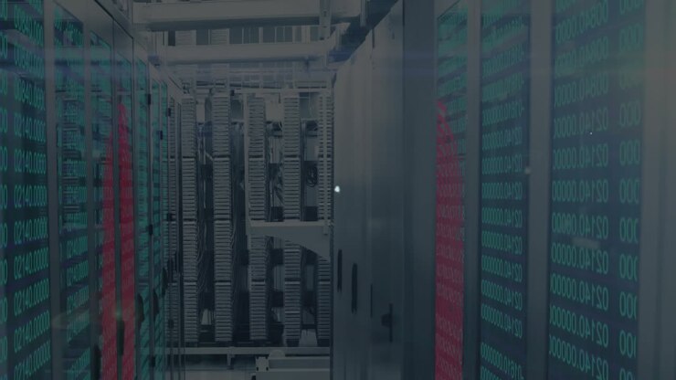 Un hub che appare e si espande in una sovrapposizione di rete in un corridoio di server, mostrando il flusso della rete.