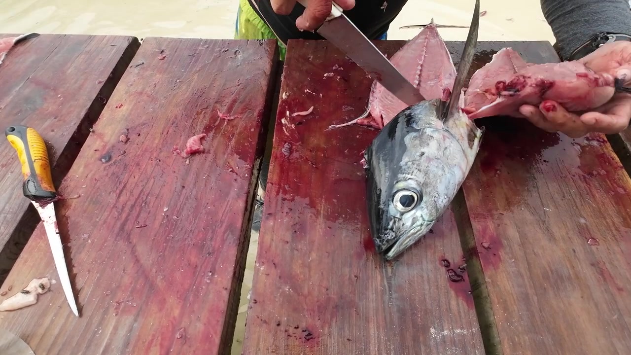 Person preparing fresh fish on a wooden table, with knives and bloodstains visible