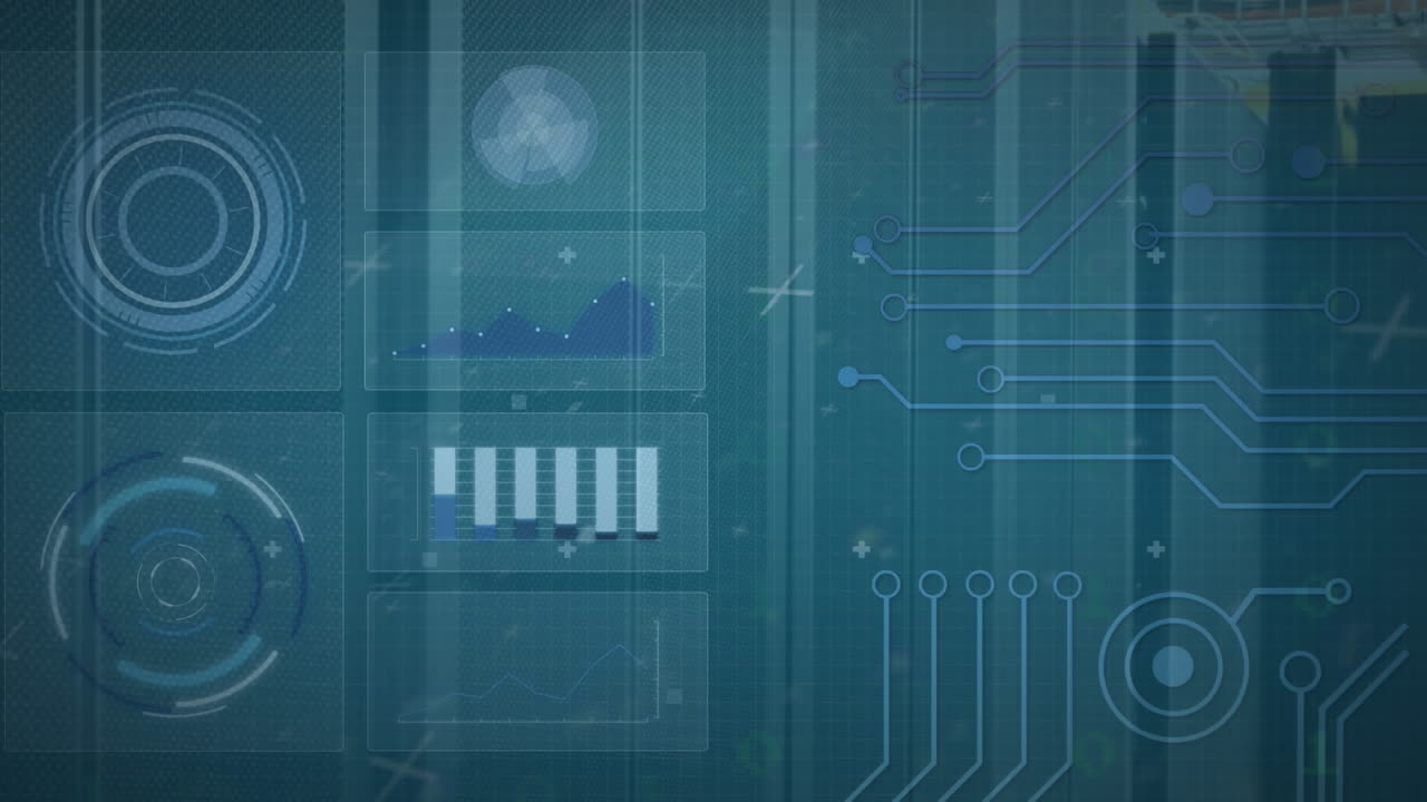 Animation of interface with data processing and binary coding against computer server room