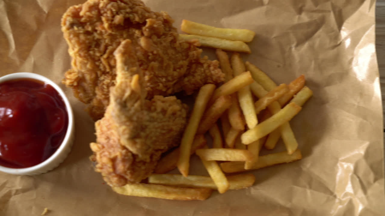 감자 튀김과 너겟을 곁들인 프라이드 치킨