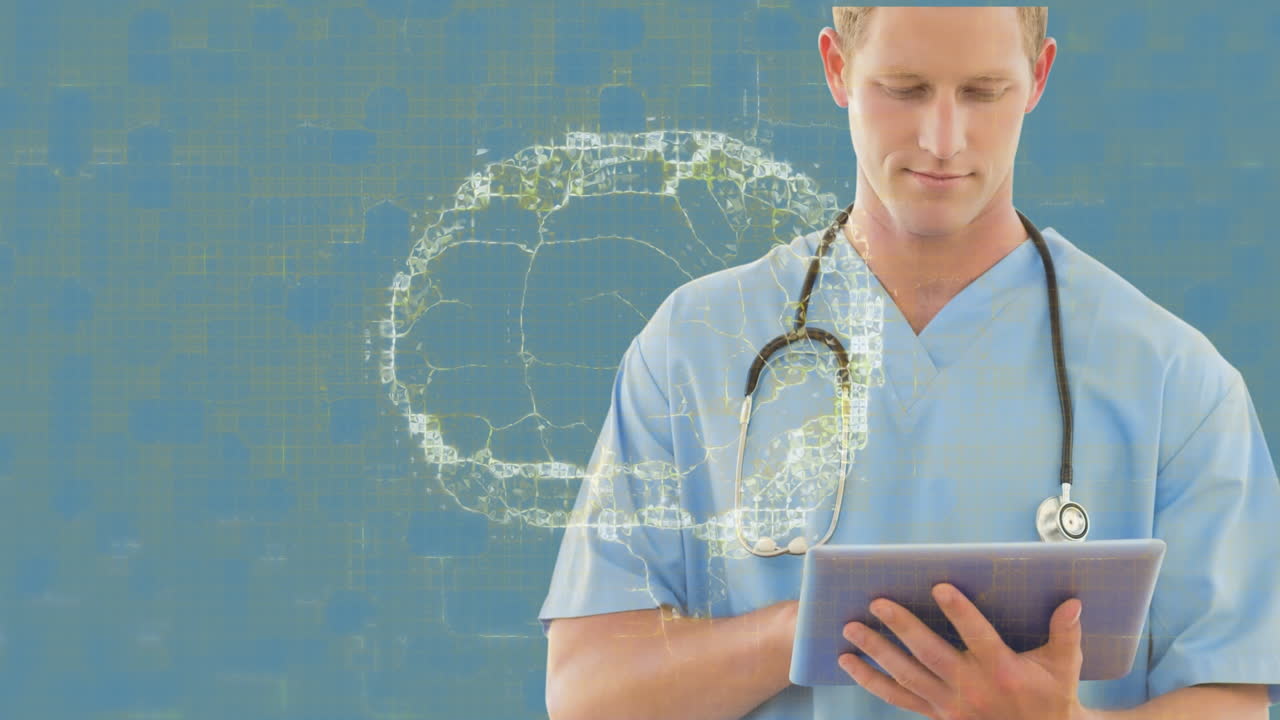 Animazione di cervello digitale su medico maschio caucasico che usa un tablet