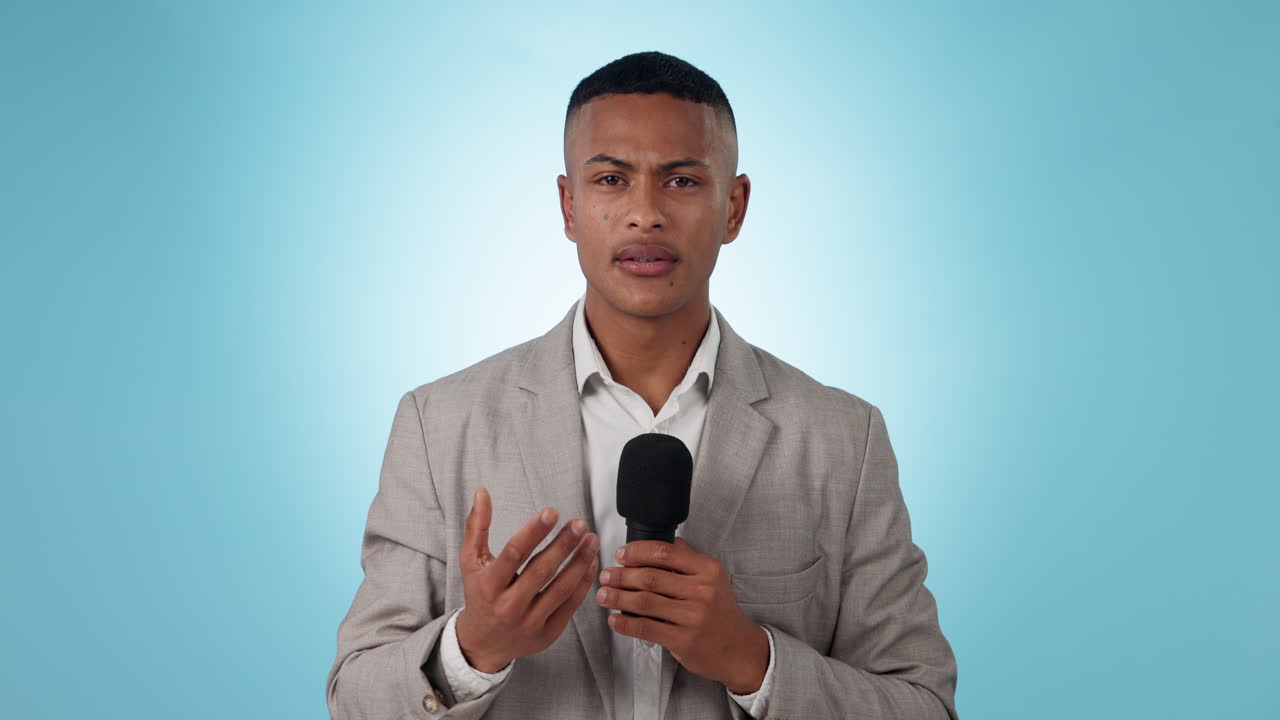 Journalist, face and news, man with microphone