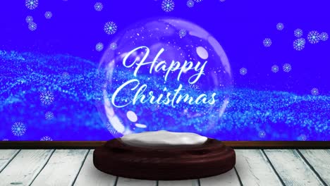 Animation of christmas season&#039;s greetings text in snow globe and shooting star on blue background