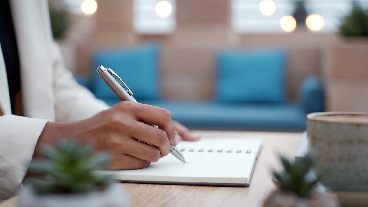 A Creative Moment: An Individual Jots Down Ideas in a Notebook While Enjoying a Cozy Atmosphere with Plants and a Warm Beverage in a Stylish Cafe Setting