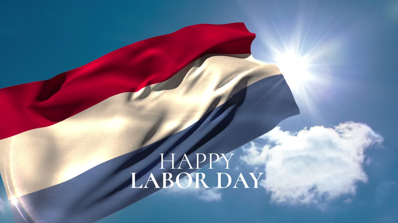 네덜란드의  ⁇ 발과 구름 위에 행복한 노동자의 날 텍스트의 애니메이션