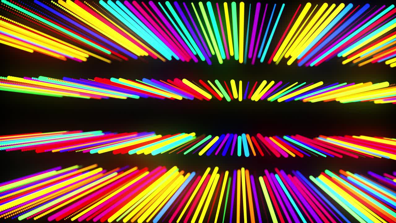un bucle festivo con partículas multicolores y una cámara animada suave. un fondo de bucle 3d abstracto con partículas de brillo alineadas en una fila a lo largo de líneas en el espacio 3d. un trasfondo de diseño de movimiento.