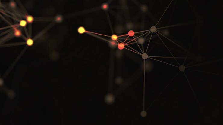 Abstract background, full of golden, red dots, which are connected with blue straight lines, on black brurred black backdrop. Dots accumulation. Zooming composition. Shapes are moving slowly. 4K. Bokeh.