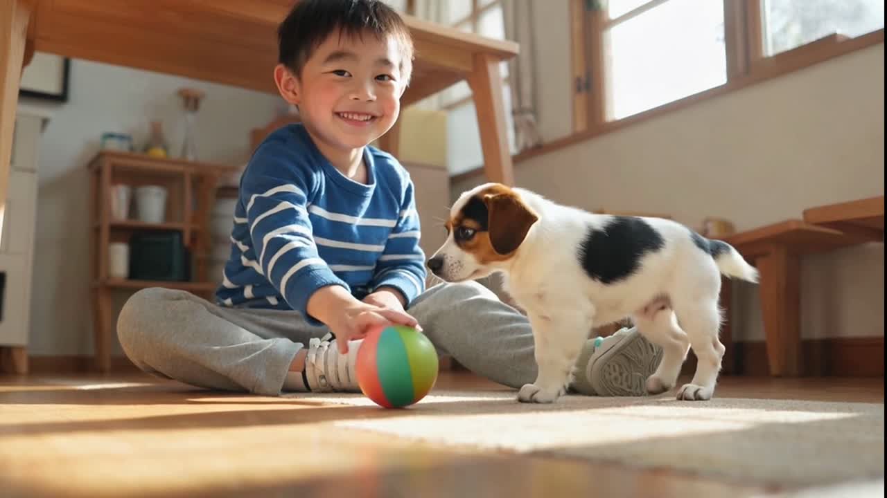 Happy Young Asian Boy Playing with a Small Puppy and a Ball Indoors.