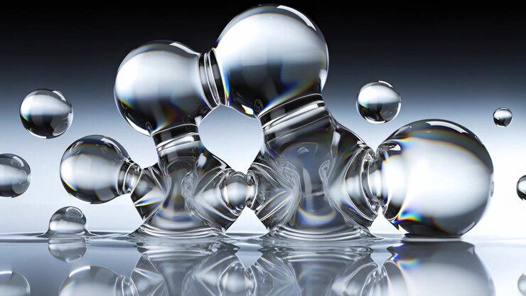 Advancing frames causing glassy spheres shifting on mirror floor, merging into pool with drops