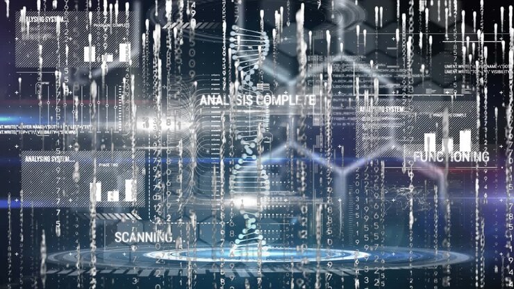 Animation of scientific data processing with dna strand spinning