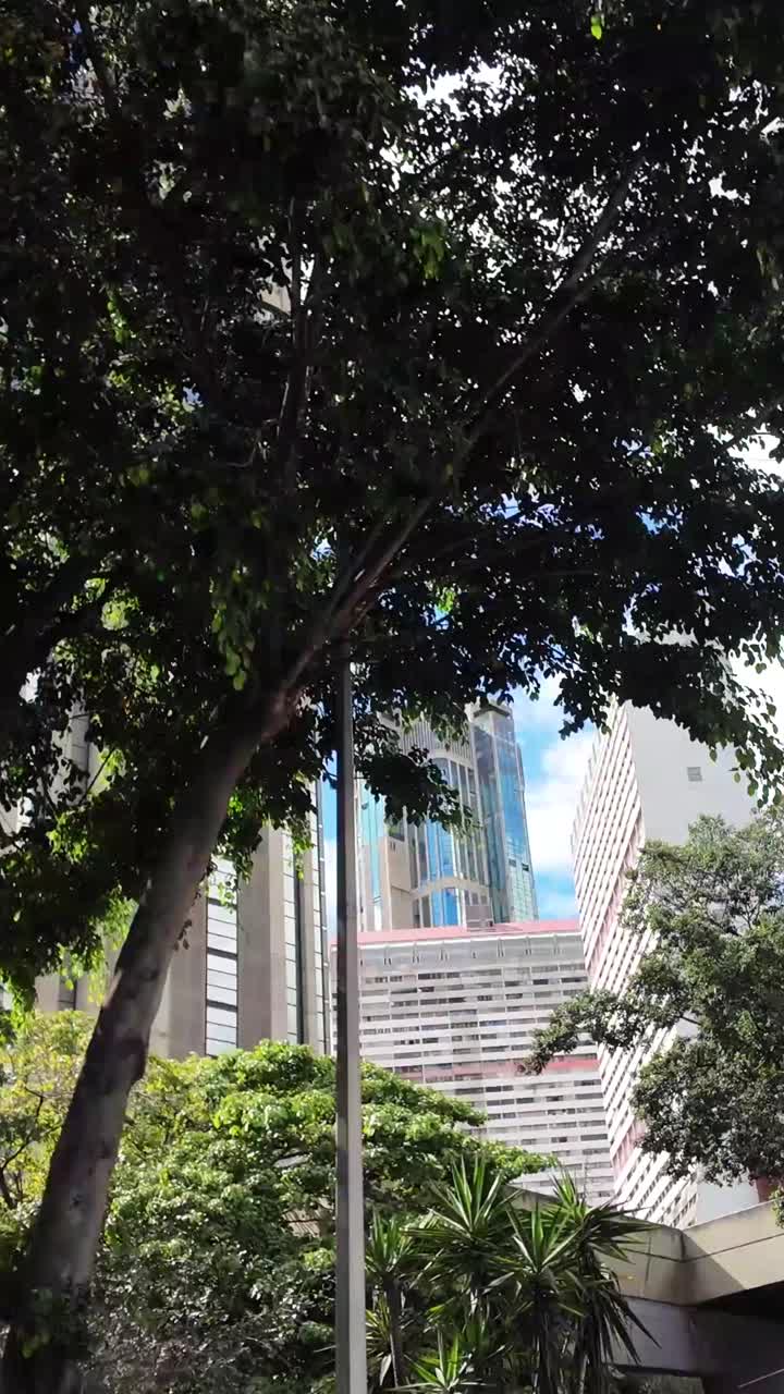 stunning vertical shot moving up the facade of the Parque Central skyscrapers, capturing the blue glass reflections and the monumental scale of Caracas' landmark