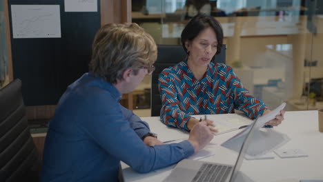 mid-aged business associates discussing papers in meeting room