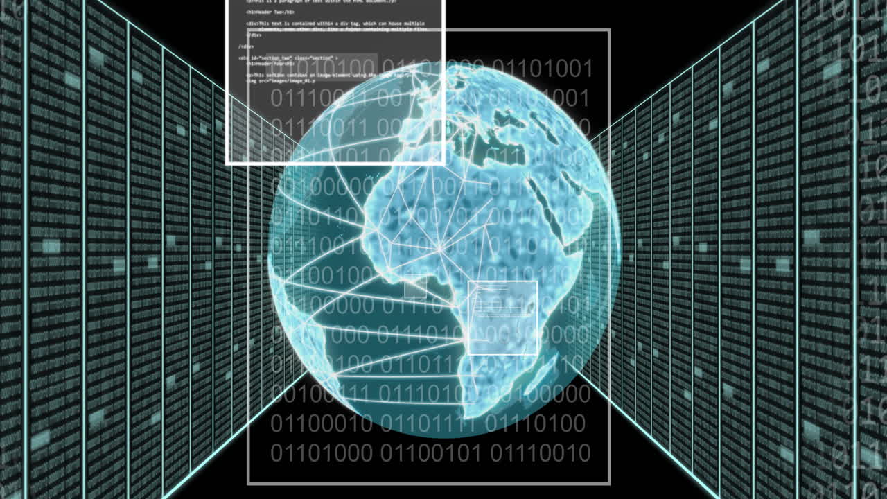 Animation of globe and data processing over servers