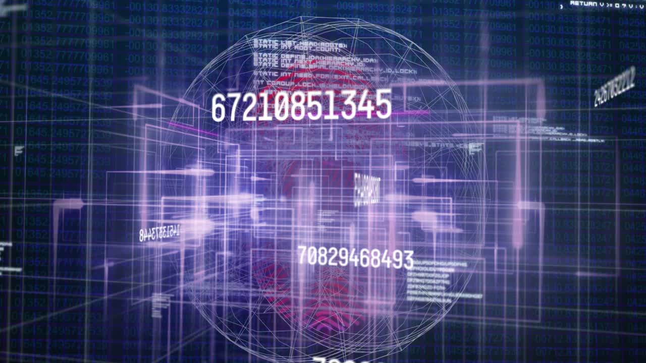 Animation of changing numbers, computer language, fingerprint, lines, globe over abstract background