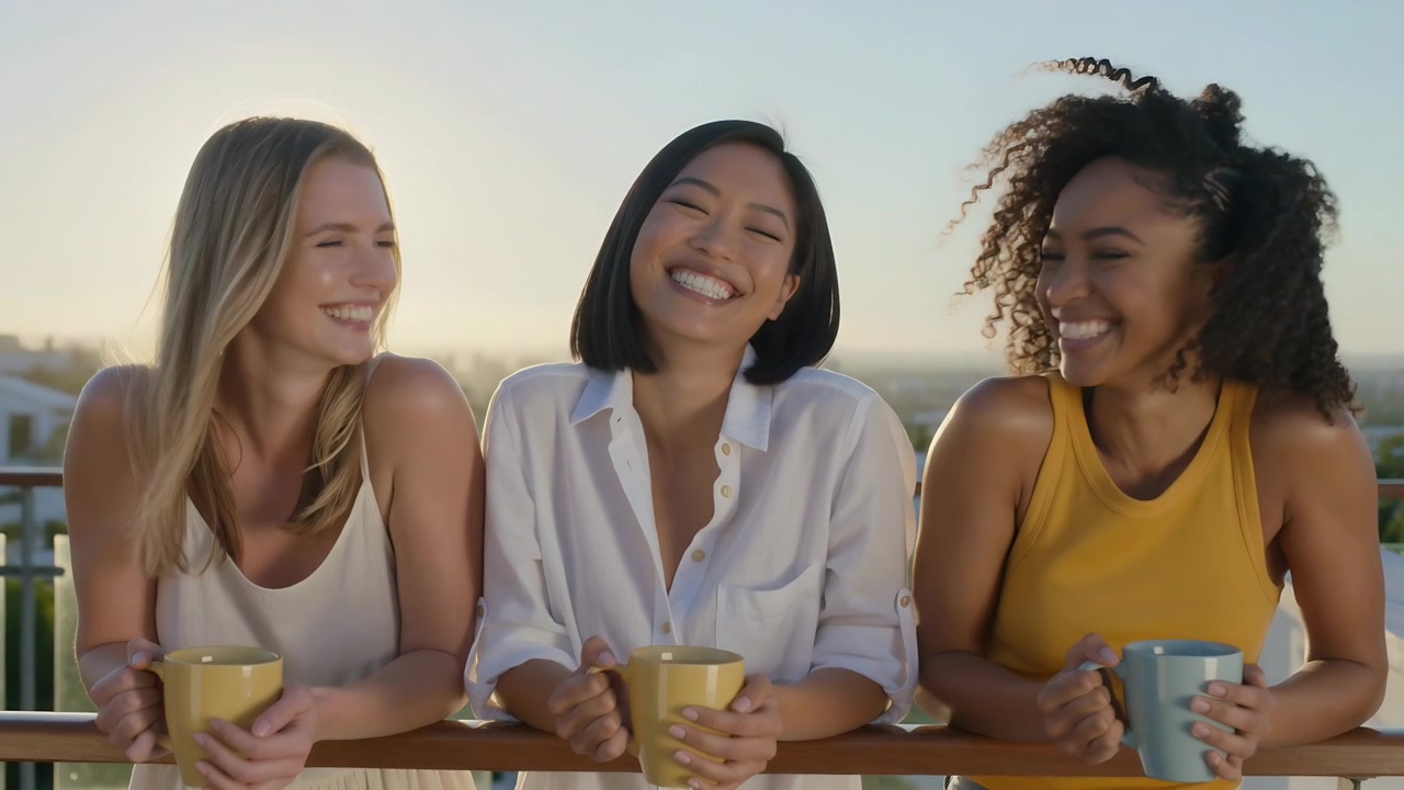 Tre donne che ridono con top casual su un tetto, la donna al centro che inizia a ridere condividendo una battuta con delle tazze