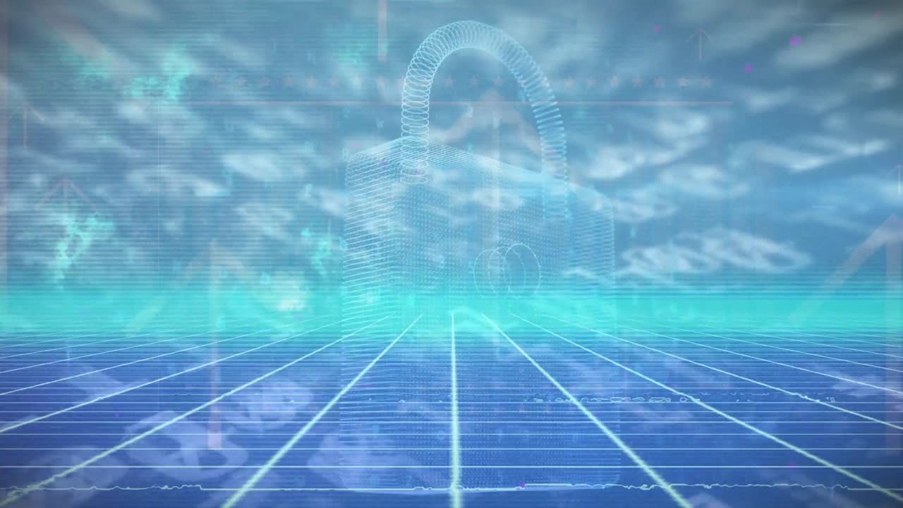 파란색 배경에 그리드 네트워크에서 여러 화살표와 보안 락 아이콘의 애니메이션