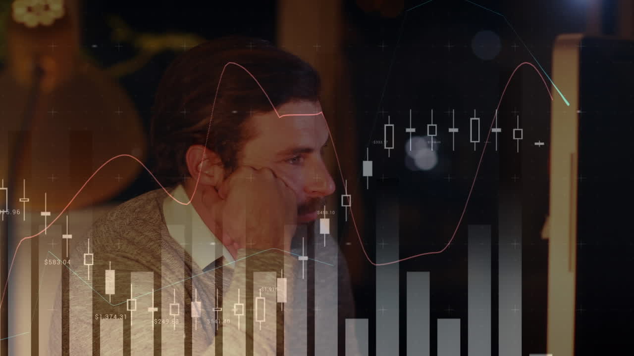 Animation of financial data processing over caucasian businessman in office