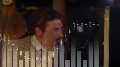 animación del procesamiento de datos financieros sobre el empresario caucásico en el cargo