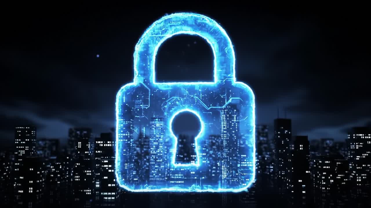 Illuminated Digital Lock Icon Over City Skyline, Symbolizing Security and Protection in the Modern Technological Landscape, Featuring a Neon Aesthetic