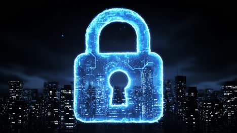 illuminated digital lock icon over city skyline, symbolizing security and protection in the modern technological landscape, featuring a neon aesthetic
