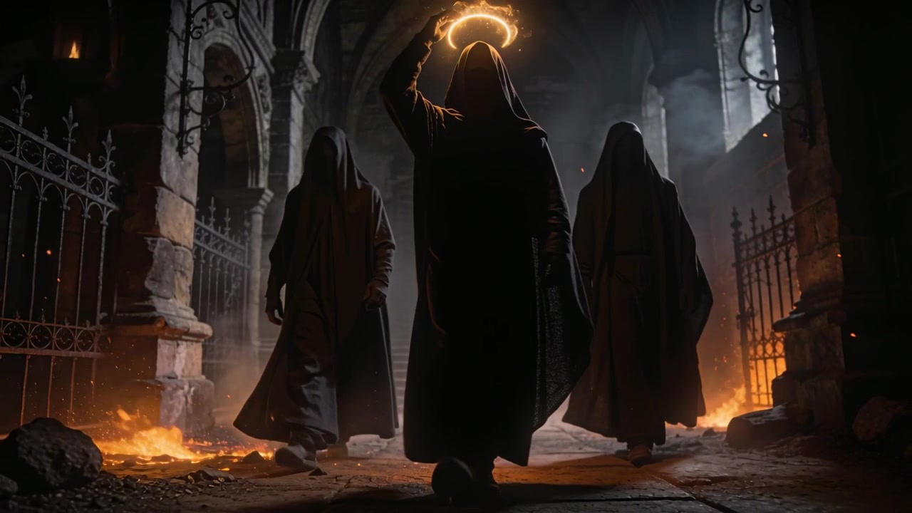 Walking robed monk raising hand, calling halo forth, leading ritual march through crypt, embers