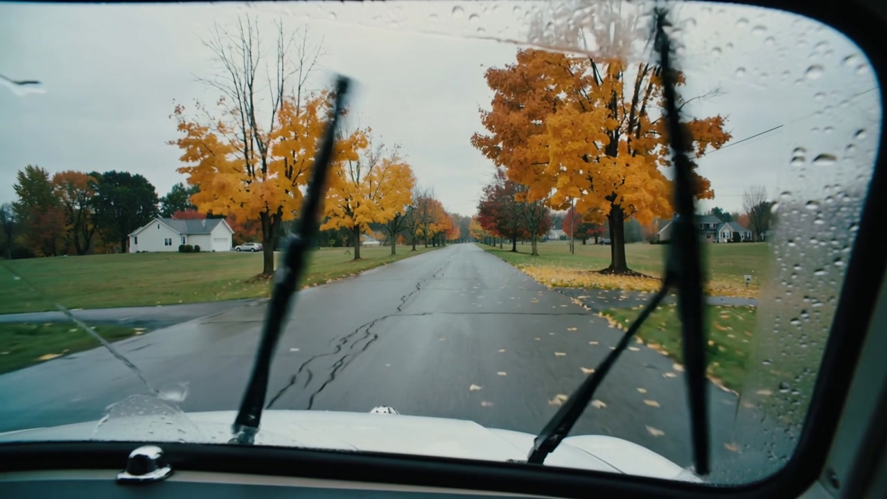 Sweeping wipers responding to light rain, clearing windshield while car moving down tree-lined road