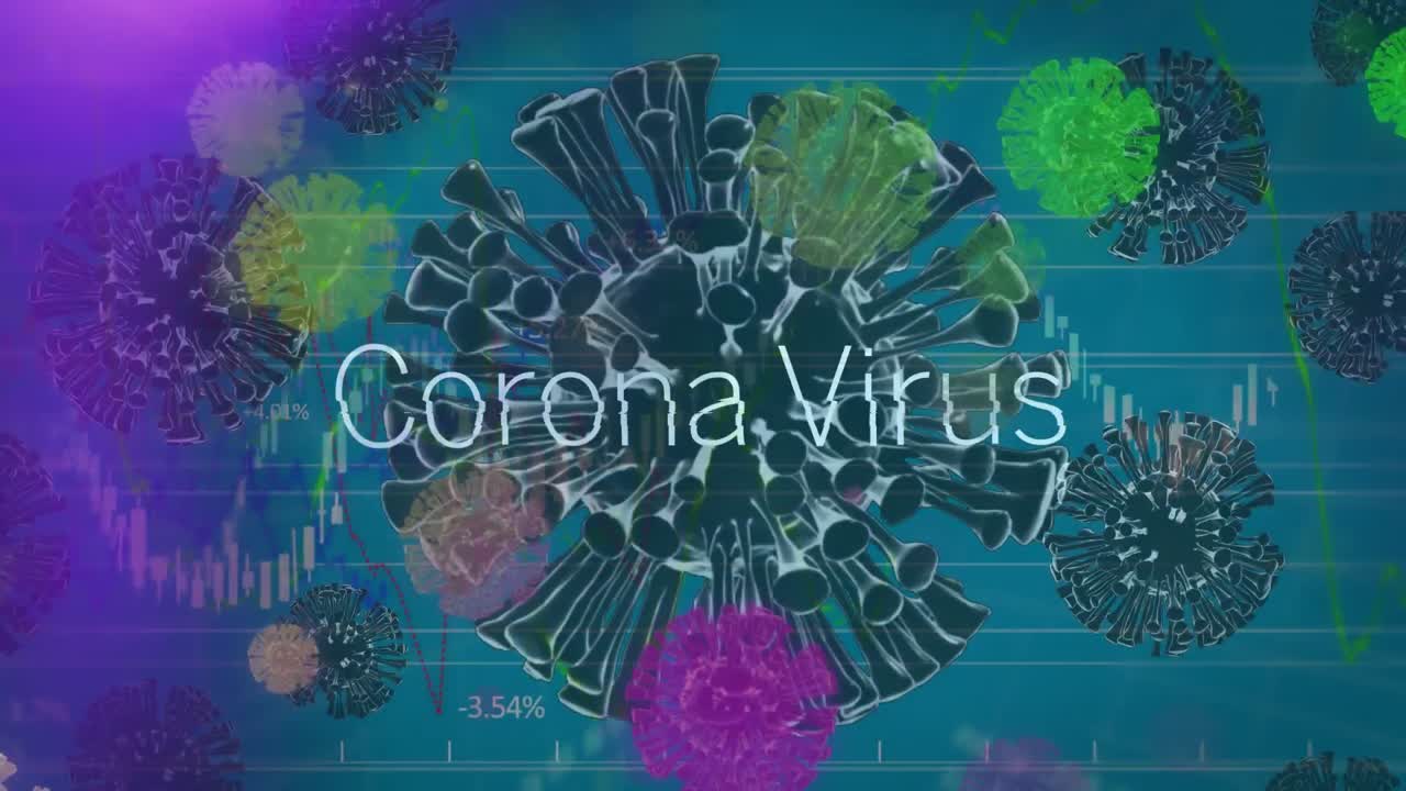 animación de una palabra coronavirus sobre células macro covid-19 flotando con estadísticas y proceso de datos