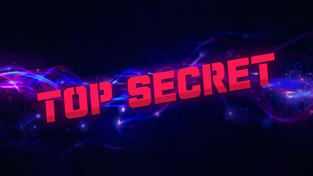 Play starting neon ribbon pulsing behind angled red TOP SECRET text in black space, showing secret
