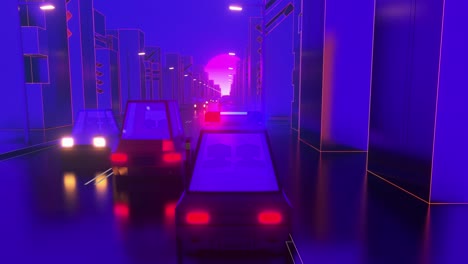 coche de policía conduciendo en la ciudad. vj retro 80s fondo fantasía día y noche serie. loop capaz de video de stock