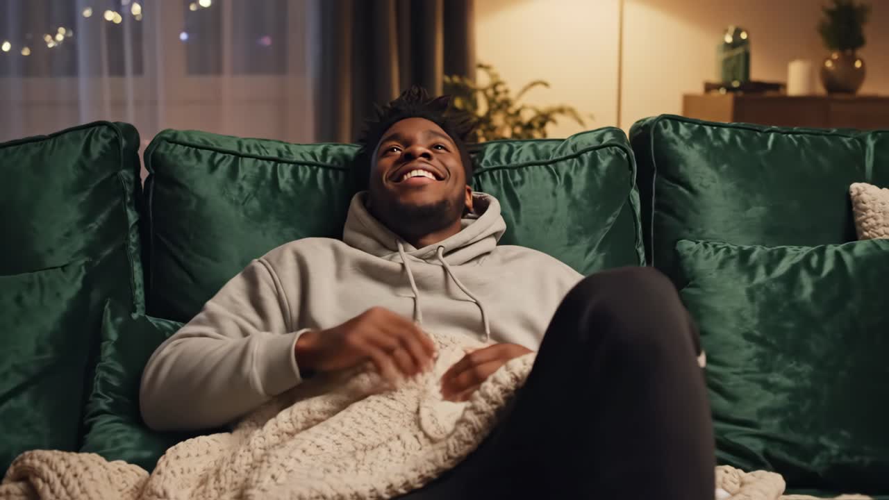 Man Relaxing on Couch with Blanket