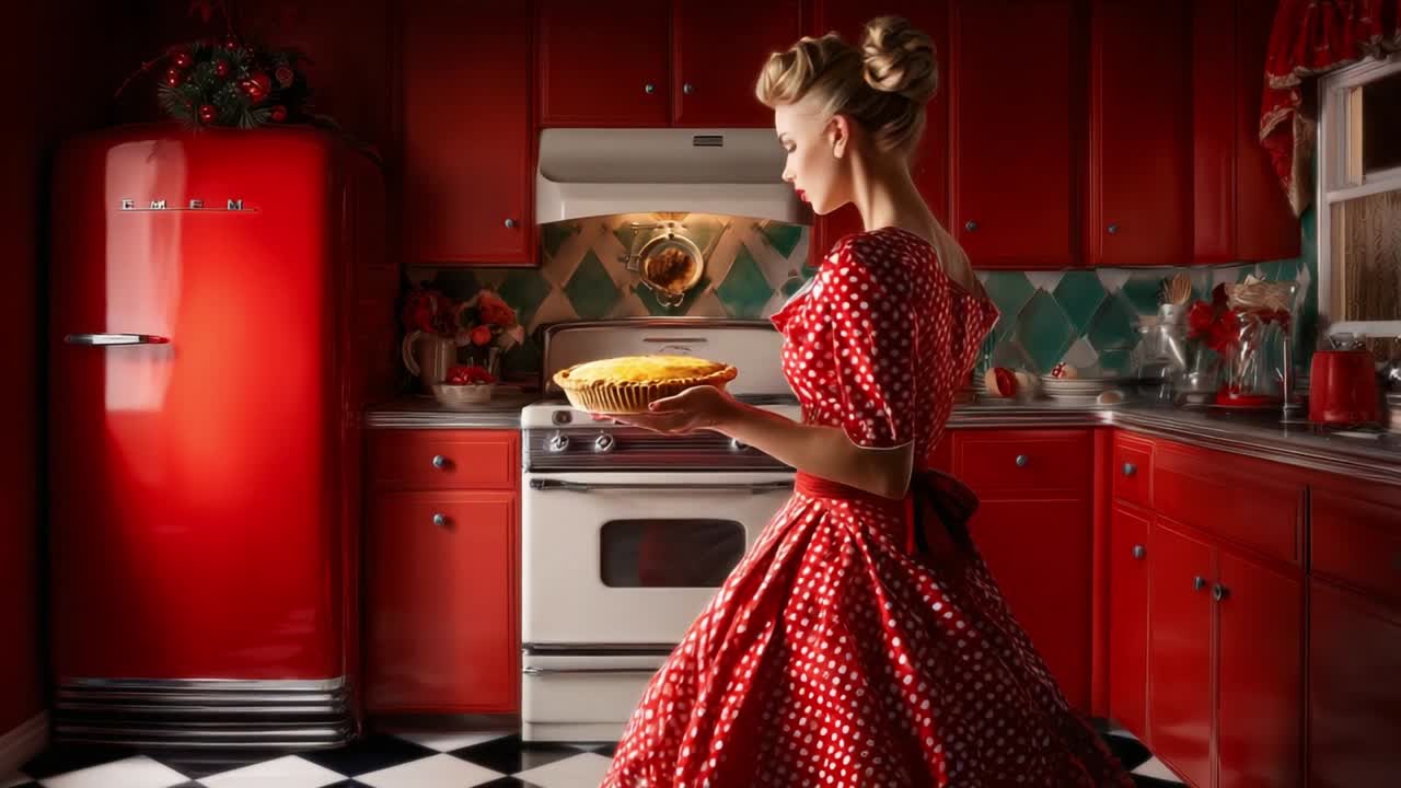 Una donna con un abito a pois è elegantemente in piedi in una cucina vintage, mentre tiene in mano una torta appena sfornata, mettendo in mostra un mix di estetica retrò e delizia culinaria, con vivaci decorazioni rosse che esaltano l'atmosfera nostalgica