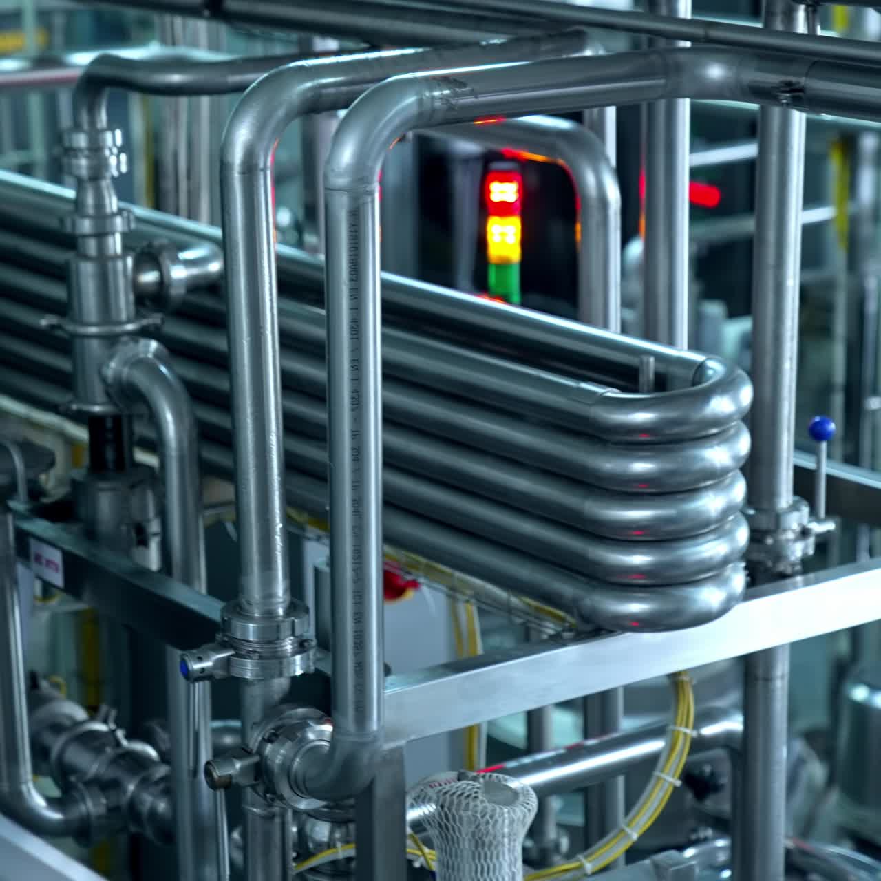 Stainless steel tubes as a part of complicated system at milk factory. Up to date technological manufacturing of dairy products