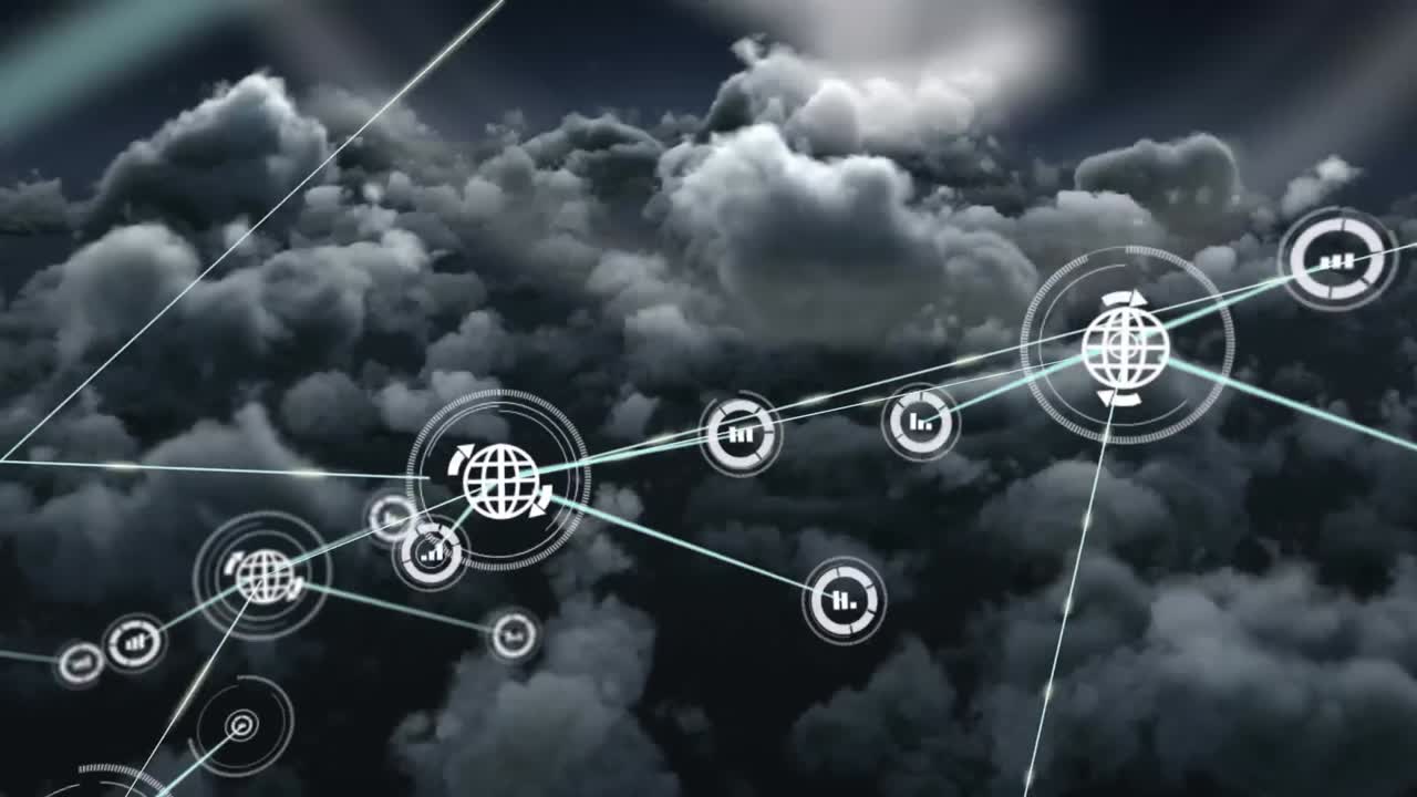 Animation of networks of connections over clouds and sky