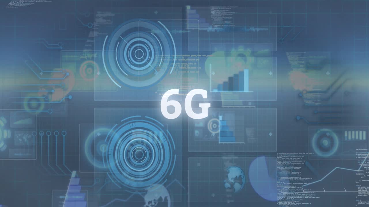 Animation of 6g text and glowing interface with charts, information and globes on dark background