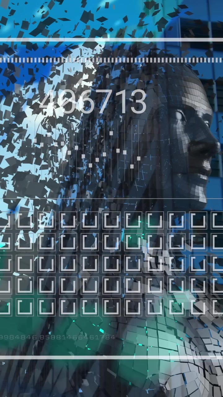 Animation of data processing and digital human over cityscape