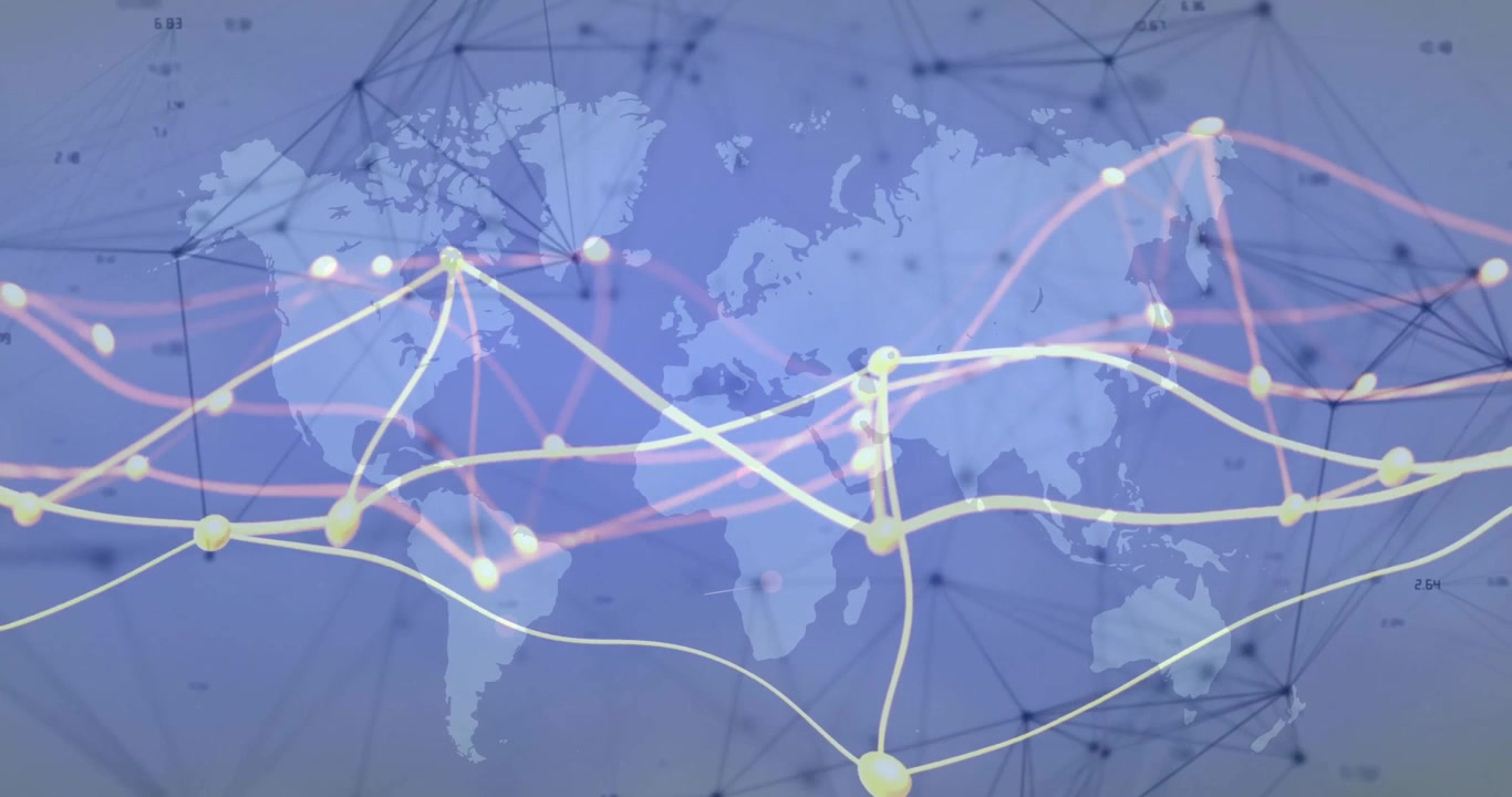 Fading world map initiating nodes pulsing while data flows animating and visualizing global network