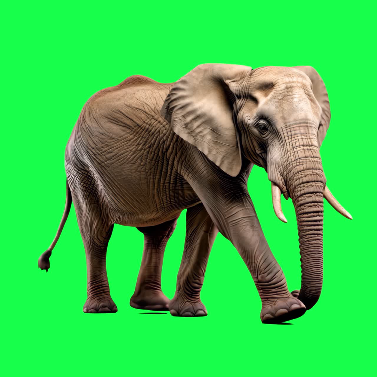Large elephant walking animation, transparent 4K video, green screen