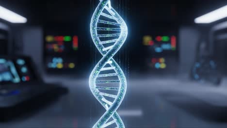 a stunning 3d representation of dna helix glowing in a futuristic laboratory setting, showcasing the intricacies of genetic structure and science innovation